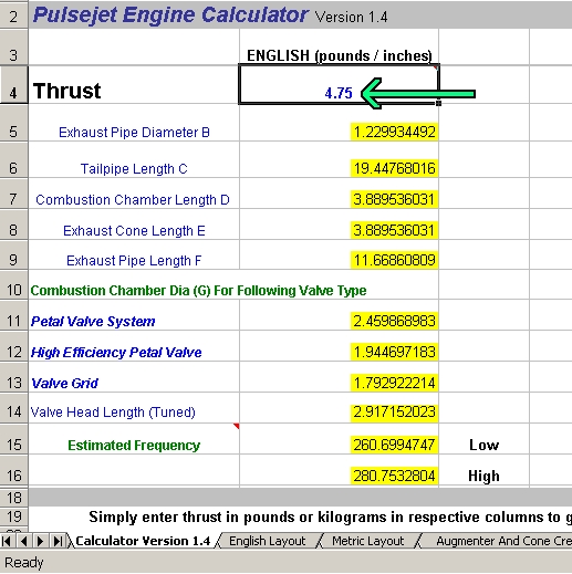 Basic dimensions of a valved pulsejet tailpipe, from Page 1 of Eric Beck's Pulsejet Calculator
