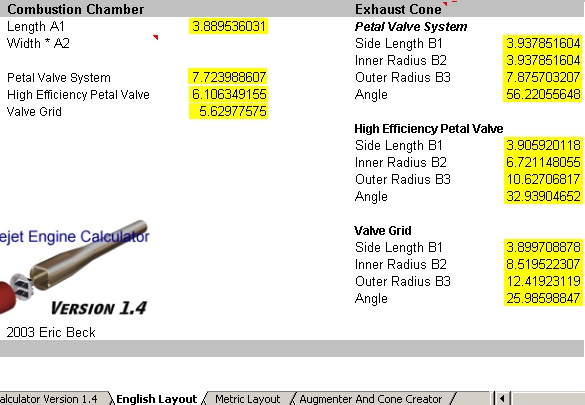 Basic sheet metal dimension layout for the valved pulsejet tailpipe, from Eric Beck's Pulsejet Calculator